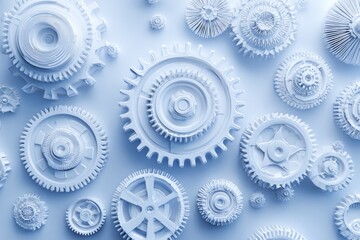 Close-up of intricate white gears, arranged on a light blue background