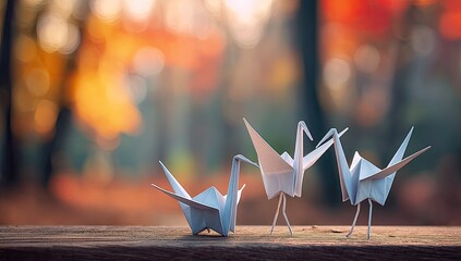 Three origami cranes on a wooden surface, autumnal background