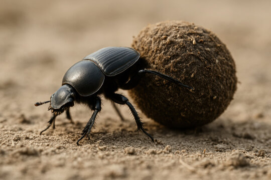 Dung beetle rolling a ball of dung on dry soil. Macro photography, natural environment, insect behavior. Concept of perseverance and nature.