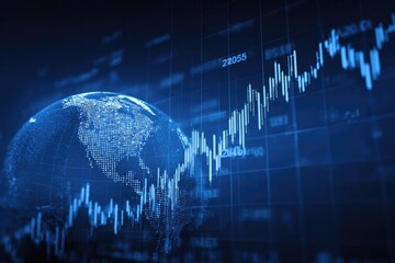 Global financial data, earth graphic overlay on stock market charts