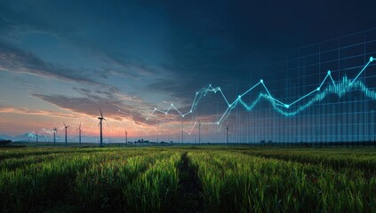 Wind farm at dawn, overlaid with rising stock market graph