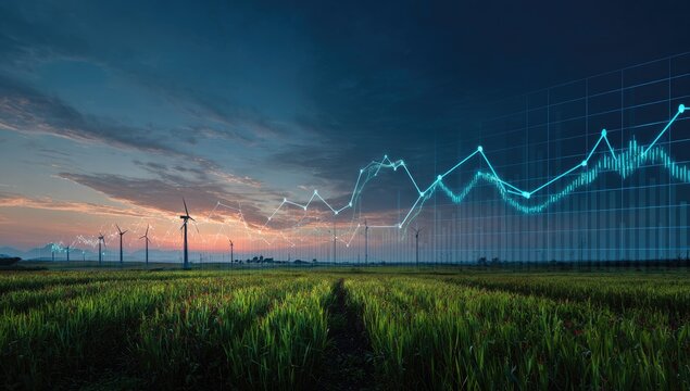 Wind farm at dawn, overlaid with rising stock market graph