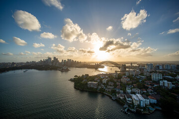 Aerial view of Sydney Harbour at sunset