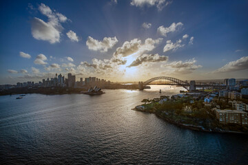 Aerial view of Sydney Harbour at sunset