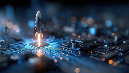 Futuristic rocket launching from a central processor chip on a circuit board.  A high-tech, 3D rendering