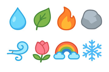 Obraz premium Colorful Nature Icons. Flat vector mini-illustrations natural elements in colors children's illustrations: water droplet, leaf,