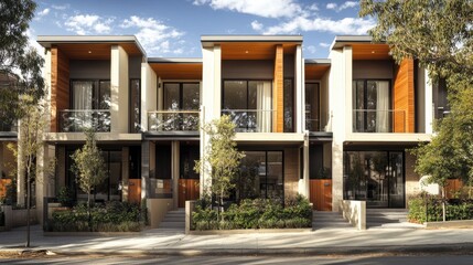 Fototapeta premium Sleek Facade of a Contemporary Double-Story Townhome in Natural Beige and Brown Tones