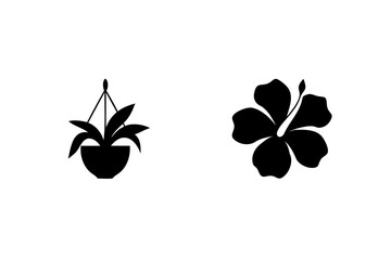 Simple silhouette icons of a hanging potted plant and a hibiscus flower © Uttam