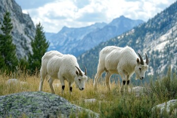 Obraz premium Majestic Mountain Goats in The Enchantments: Wild Animals Grazing on Lush Green Fields