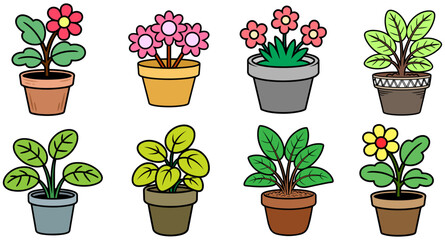 Fototapeta premium Colorful Flowers and Flower Pot Hand-Drawn Vector Set – Botanical Illustration Collection Isolated on Transparent Background.
