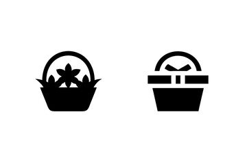 Two simple black easter basket icons with gifts and flowers for holiday celebration