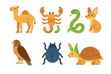Fototapeta premium Desert Animals for Kids. Flat vector mini-illustrations desert animals in colors children's illustrations: camel, scorpion, lizard
