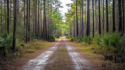 Obraz premium Scenic View of Florida's Wild Forest: A Serene Landscape of Tall Pines and Lush Greenery Along a Tranquil Road
