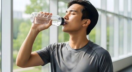 Young man in gray shirt drinking from a clear plastic water bottle with a large window behind him