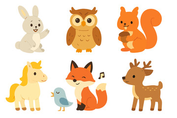 Fototapeta premium Fairy Tale Animal Icons. Flat vector mini-illustrations fairy tale animals in colors children's illustrations: talking rabbit,