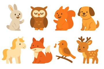 Fototapeta premium Fairy Tale Animal Icons. Flat vector mini-illustrations fairy tale animals in colors children's illustrations: talking rabbit,