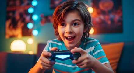 Boy with controller smiles while playing video game in a room with colorful lighting and decorations