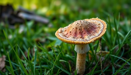 Fototapeta premium Intricate details of Conocybe mushroom, brown cap, long stem, green grass background, Teutoburg Forest, detail shot, woodland