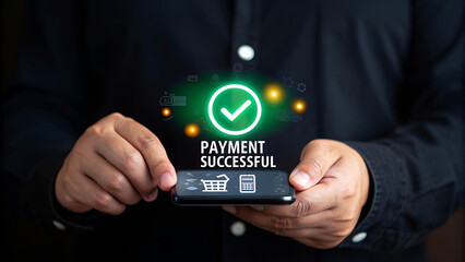 Successful mobile payment transaction with glowing checkmark and shopping cart icon, indicating a secure online purchase