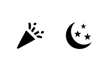 Hand-drawn festival icons confetti popper and crescent moon with stars for celebrations