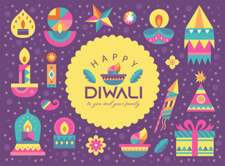 Happy Diwali Hindu festival poster design with colorful oil lamps, lanterns, fireworks and gift icons.
