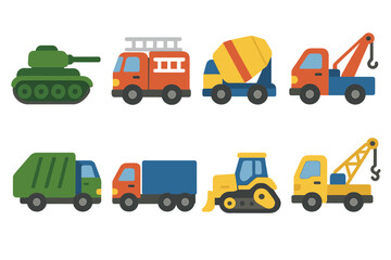 Fototapeta premium Kids' Colorful Trucks. Flat vector mini-illustrations heavy vehicles in colors children's illustrations: tank, fire truck, cement