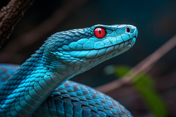 Obraz premium Vibrant blue pit viper with striking red eyes in a natural habitat close up