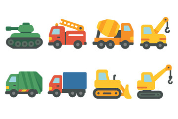 Fototapeta premium Kids' Colorful Trucks. Flat vector mini-illustrations heavy vehicles in colors children's illustrations: tank, fire truck, cement