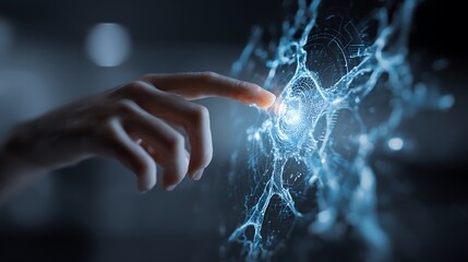Human hand interacting with a glowing digital network of light and energy