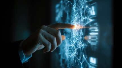 Human finger interacting with futuristic blue digital interface displaying complex data streams