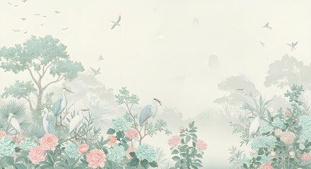 Papelera de jardín exótico con exuberante vegetación, flores coloridas y varias aves |