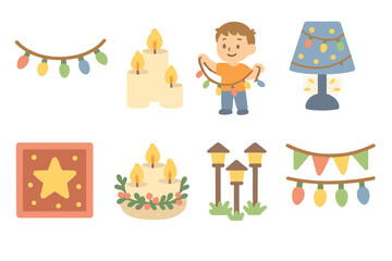 Obraz premium LED-Themed Children's Decor. Flat vector mini-illustrations LED decoration in colors children's illustrations: LED fairy lights,