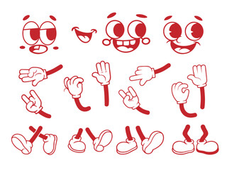 Whimsical cartoon character face, hands, and shoes in various expressions, isolated on white