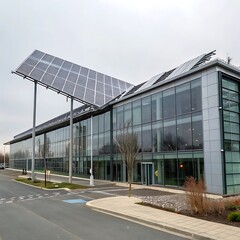 Obraz premium Modern glass and steel office building with solar panels on a cloudy day