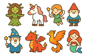 Obraz premium Magical Creatures Icons. Flat vector mini-illustrations magical beings in colors children's illustrations: dryad, unicorn, fairy,