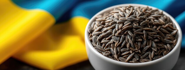 Sunflower seeds placed in a bowl with the blue and yellow flag of Ukraine in the background, symbolizing resilience and hope in the nation