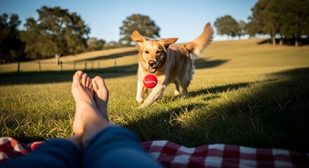Golden retriever fetching a red ball in a grassy field with a person relaxing on a blanket outdoors