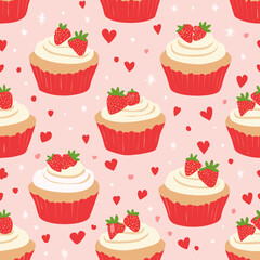 Seamless vector pattern with cute bento strawberry cake and red bows. Girly dessert on pink background. Hand drawn doodle coquette texture for wallpaper, wrapping paper, textile design