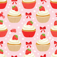 Seamless vector pattern with cute bento strawberry cake and red bows. Girly dessert on pink background. Hand drawn doodle coquette texture for wallpaper, wrapping paper, textile design
