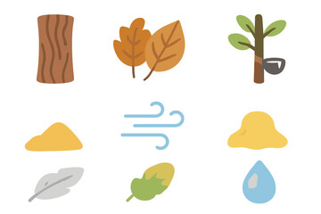 Naklejka premium Nature Elements Icons. Flat vector mini-illustrations insulator in nature in colors children's illustrations: tree bark, dry