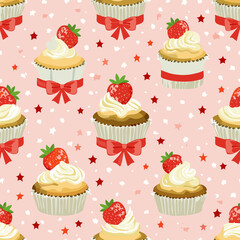 Seamless vector pattern with cute bento strawberry cake and red bows. Girly dessert on pink background. Hand drawn doodle coquette texture for wallpaper, wrapping paper, textile design
