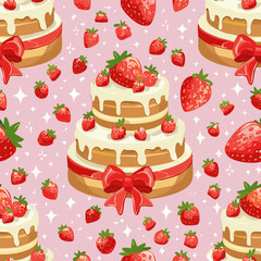 Seamless vector pattern with cute bento strawberry cake and red bows. Girly dessert on pink background. Hand drawn doodle coquette texture for wallpaper, wrapping paper, textile design