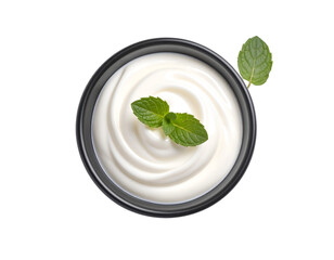Obraz premium Creamy Delight: a bowl of pristine, silky, white yogurt garnished with a sprig of fresh mint