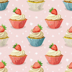 Seamless vector pattern with cute bento strawberry cake and red bows. Girly dessert on pink background. Hand drawn doodle coquette texture for wallpaper, wrapping paper, textile design