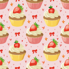 Seamless vector pattern with cute bento strawberry cake and red bows. Girly dessert on pink background. Hand drawn doodle coquette texture for wallpaper, wrapping paper, textile design