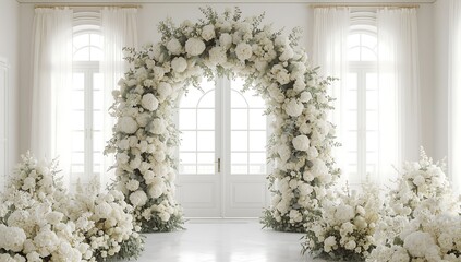 An enchanting wedding archway, lavishly decorated with white flowers, sets a scene of romance and elegance for a memorable celebration of love and commitment