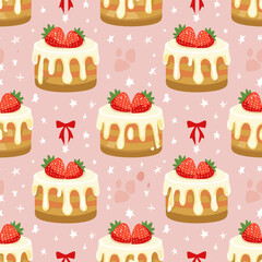 Seamless vector pattern with cute bento strawberry cake and red bows. Girly dessert on pink background. Hand drawn doodle coquette texture for wallpaper, wrapping paper, textile design