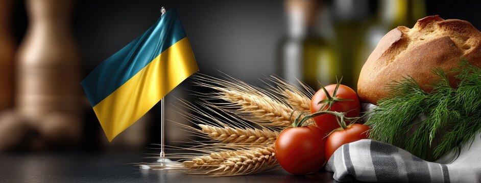 Ukrainian flag displayed with fresh vegetables, bread, and wheat arrangement showcasing local produce and culture