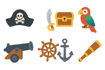 Fototapeta premium Pirate Adventure Icons. Flat vector mini-illustrations pirate adventure in colors children's illustrations: pirate hat, cutlass,