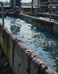 Fototapeta premium Water treatment plant operator standing at the clarifier bridge overseeing operations
